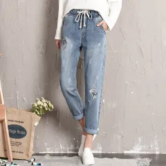Women's Fashion Slim Fit Straight Jeans - Light Blue - View 1