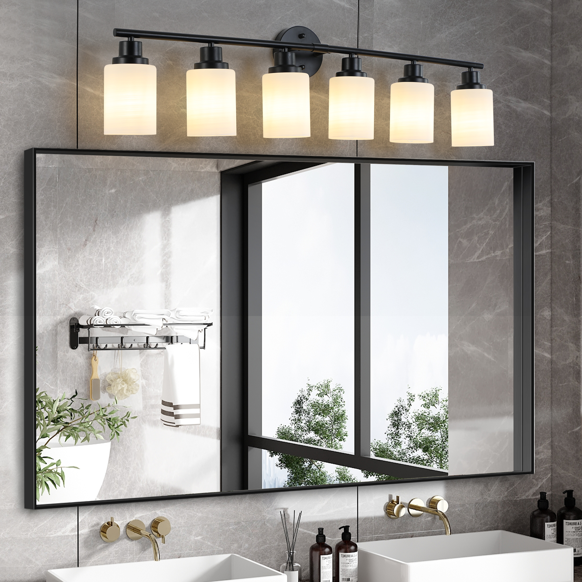 39 Modern 6-Light Vanity Bathroom Mirror Light, Frosted White Glass With Black Iron Frame, Contemporary Wall Sconce For Bedroom, Bathroom, And Dressing Room  No Bulbs