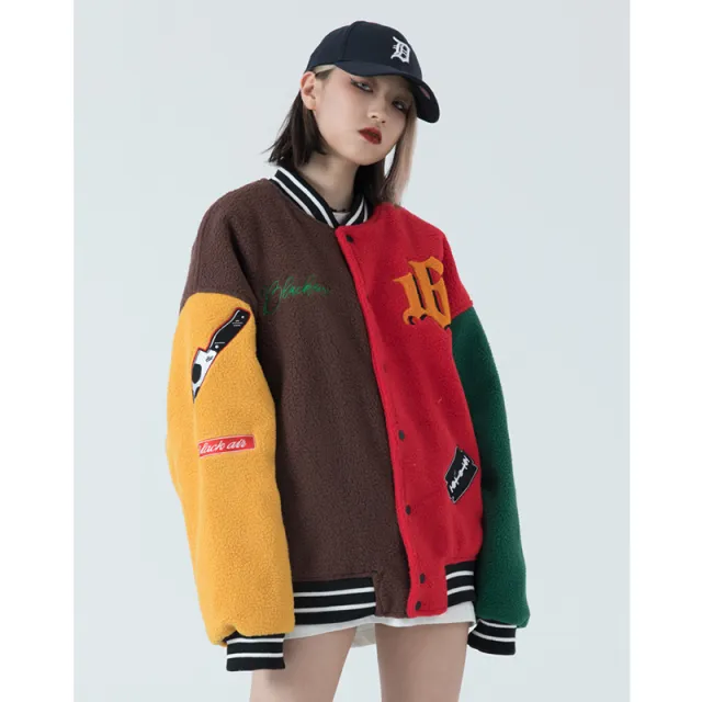 Retro Fashion Brand Lamb Wool Baseball Uniform Jacket Women Color Mixing - Shop at LoveMi