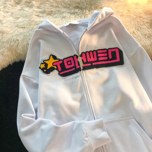 Letter Embroidery Hoodies Women High Set Loose Flocking Sweater White - Shop at LoveMi