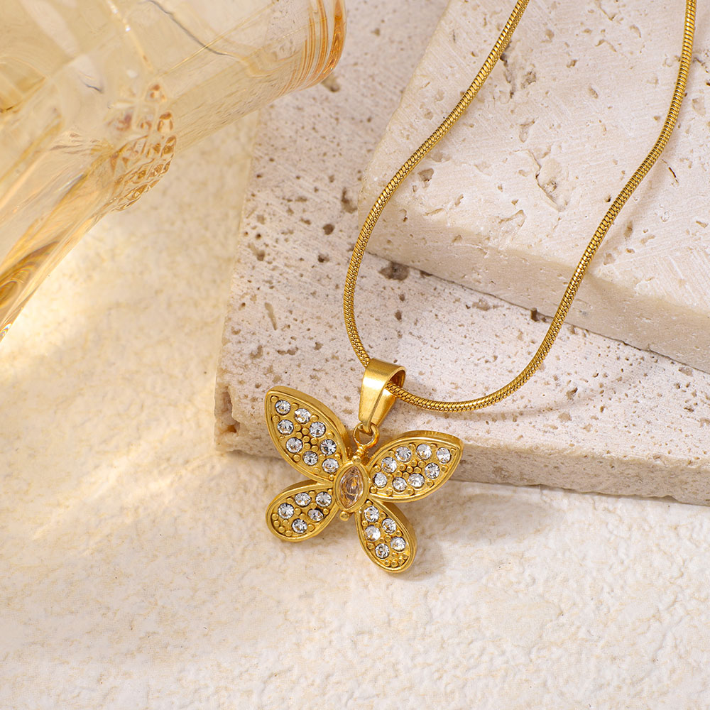 Stainless Steel Butterfly-shaped Inlaid Rhinestone Pendant Necklace