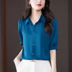 Women's New Fashion Temperament Lapel Shirt Top - Peacock Blue - View 1