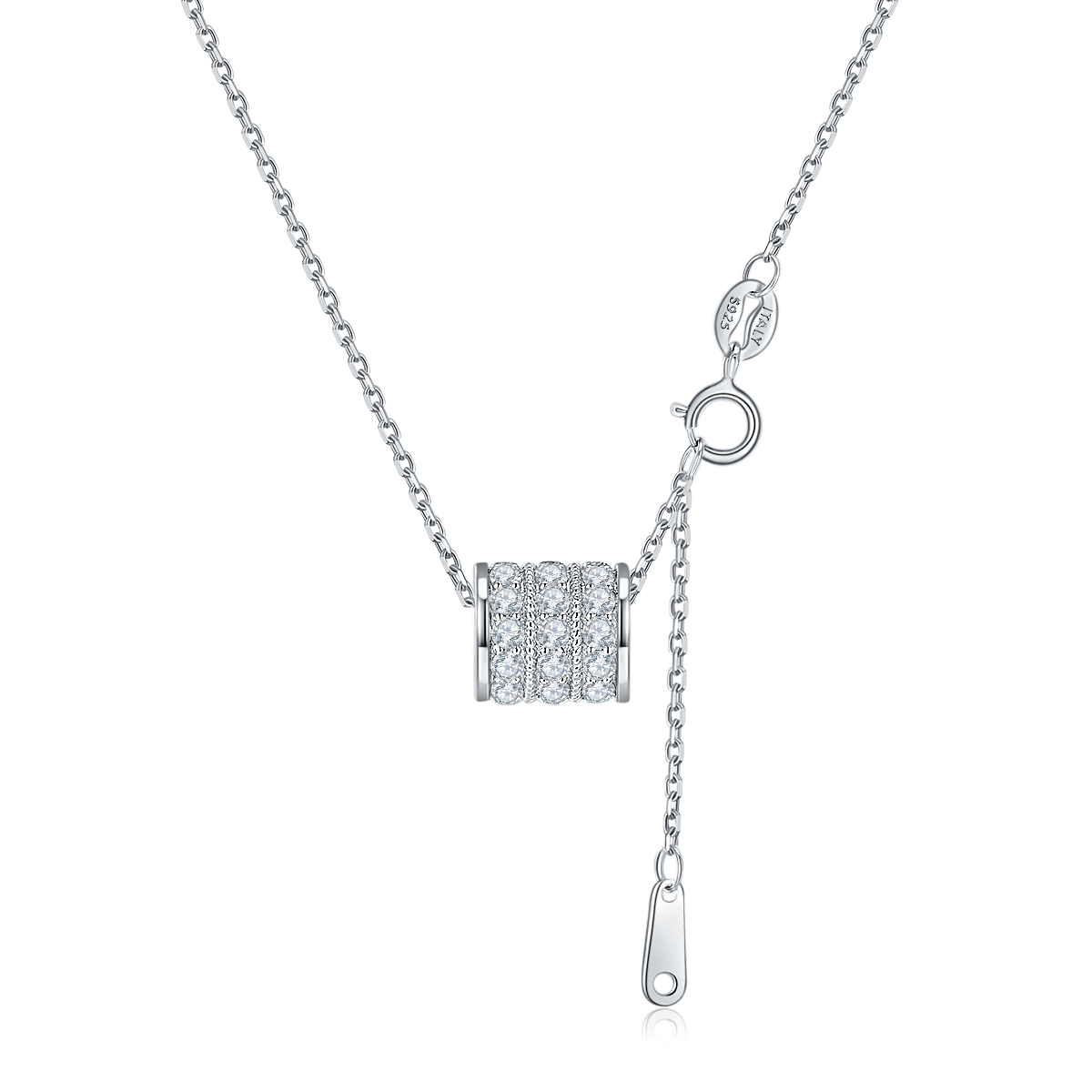 S925 Sterling Silver Barrel Pendant Necklace, 36 D-VVS1 Moissanite Pave, Platinum Plated 3.2g With GRA Certificate Gift Box