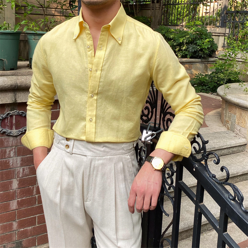 Men's Cotton Linen Casual Solid Color Long Sleeve Shirt