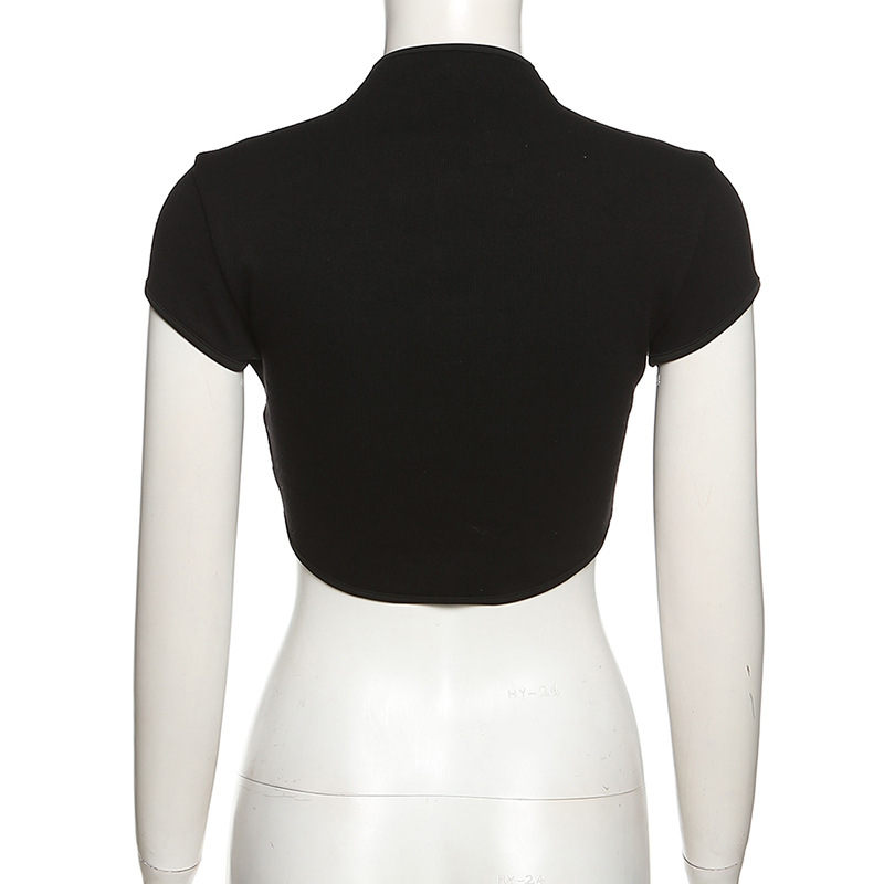 Round Neck Short Sleeve Cutout Slim Fit Vintage T-Shirt Polyester Blouse