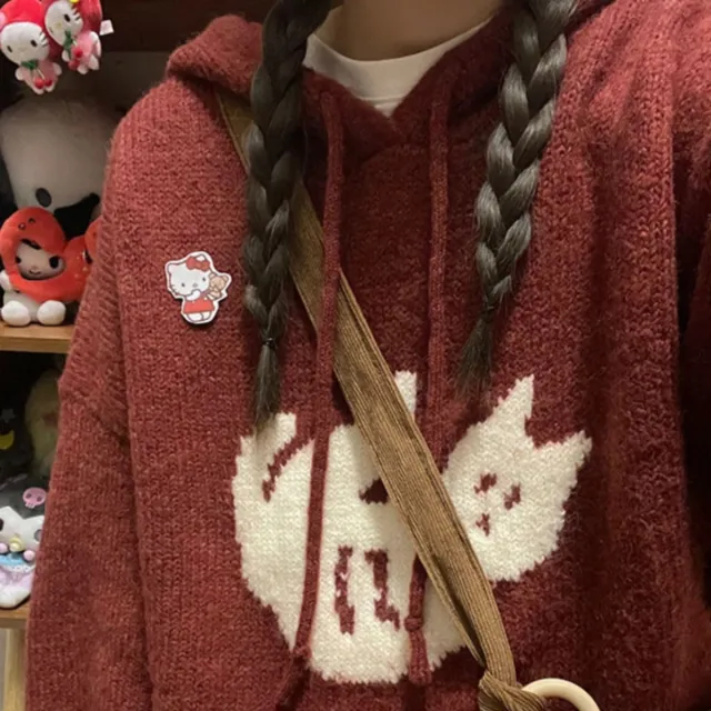 Retro Cartoon Cat Jacquard Hooded Sweater Lady Red - Shop at LoveMi