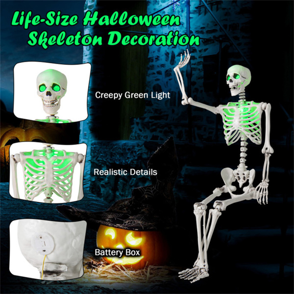 5.5ft Life-Size Pre-Lit Halloween Skeleton - Built-In Green LED Lights (Eyes/Chest), Fully Poseable Joints, PP+PE Material-21