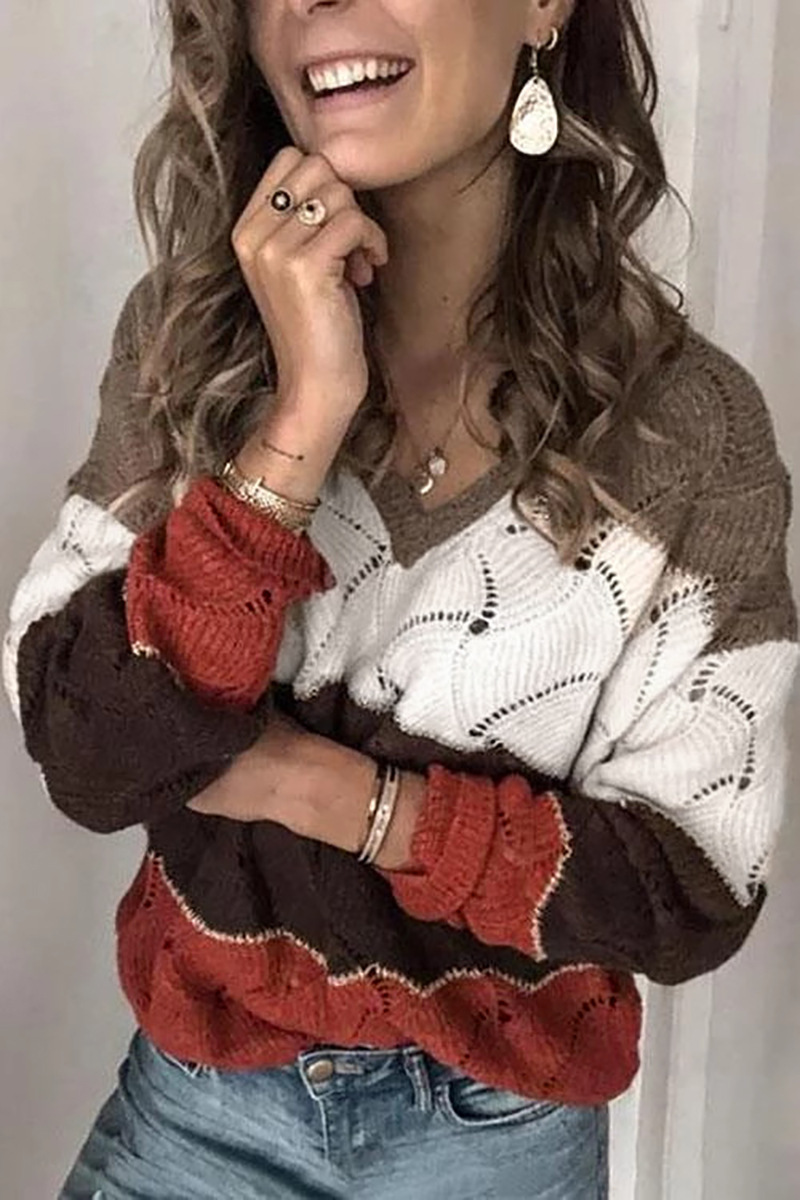 Casual Loose Multicolor Panel Knit Top Cutout V-Neck Sweater