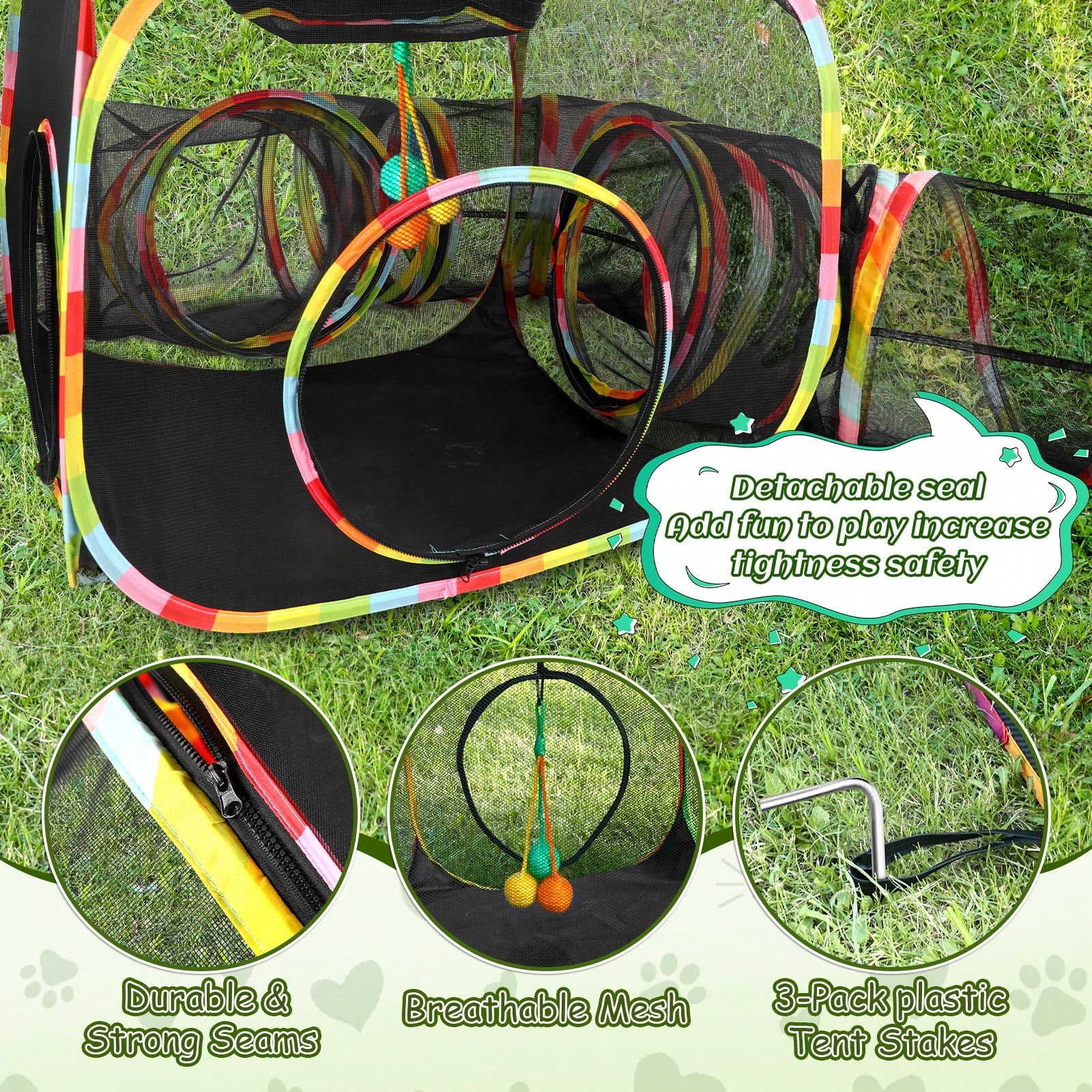 Outdoor Rainbow Cat Enclosure, 5 In 1 Portable Cat Tents For Outside Cage Free Outside Pet Enclosure Cat Tunnel Outdoor Playground For Indoor Cats And Small Animals — image 1