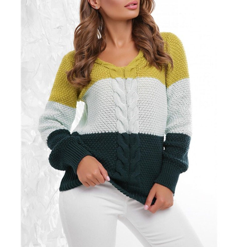 Title 3, Spliced Twist V-neck Knitted Long-sleeved Pullo...