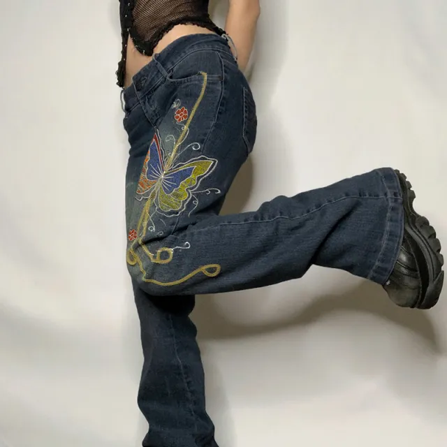 Fashion Women's Sexy High Waist Retro Individual Butterfly Print Bootcut Jeans Blue - Shop at LoveMi