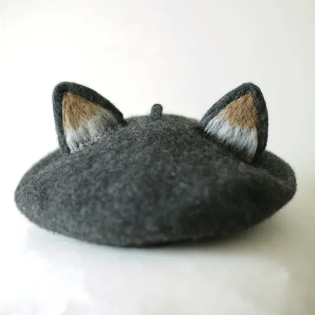 Cartoon Mushroom Creative Pure Wool Felt Beret Dark Grey Ears - Shop at LoveMi