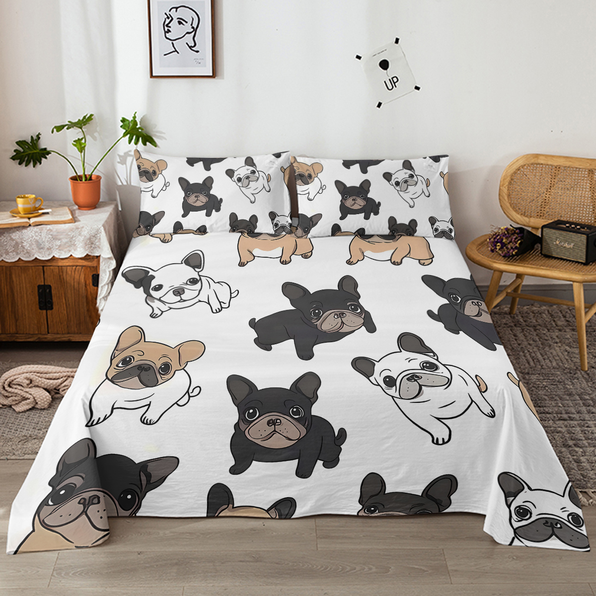 4PCS French Bull Dog Bed Sheet Set, White Black Bedding Set, Puppy Flat Sheet Set, 1 Flat Sheet,1 Fitted Sheet, 2 Pillow Cases
