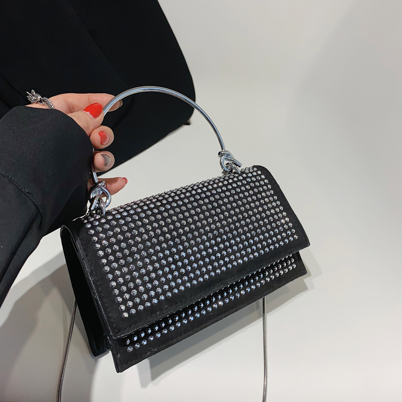 Chain Crossbody Bag Women Handbag Glitter Crystals Plain Daily Silver Black Shoulder Bag Black - Shop at LoveMi