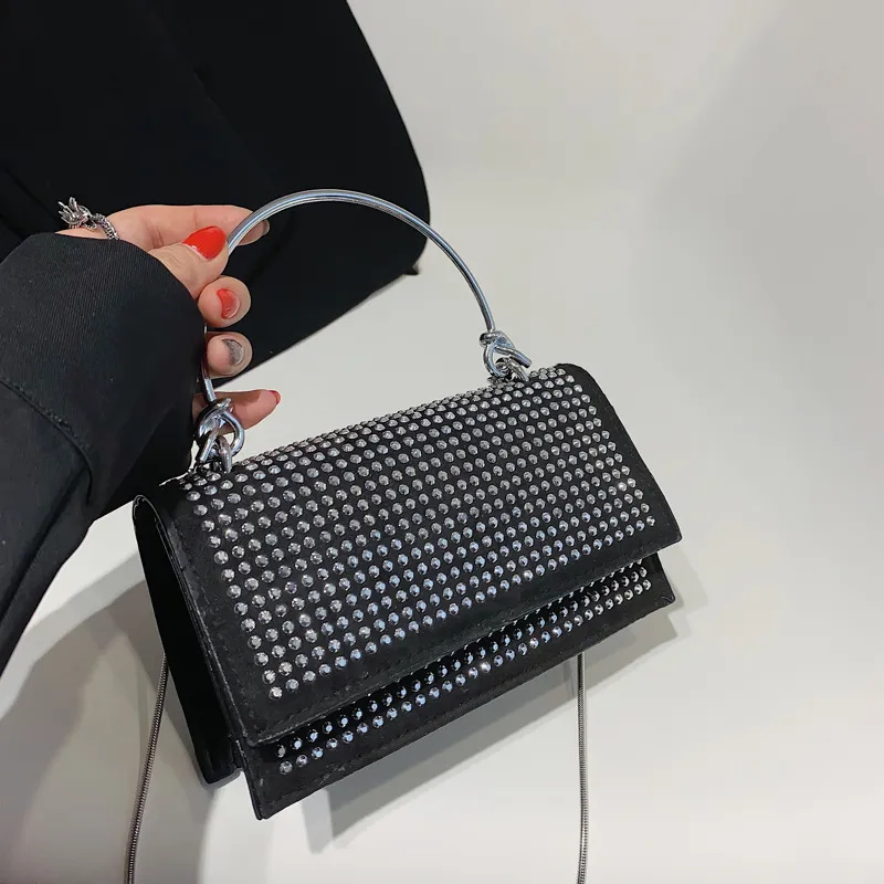 Chain Crossbody Bag Women Handbag Glitter Crystals Plain Daily Silver Black Shoulder Bag - Black