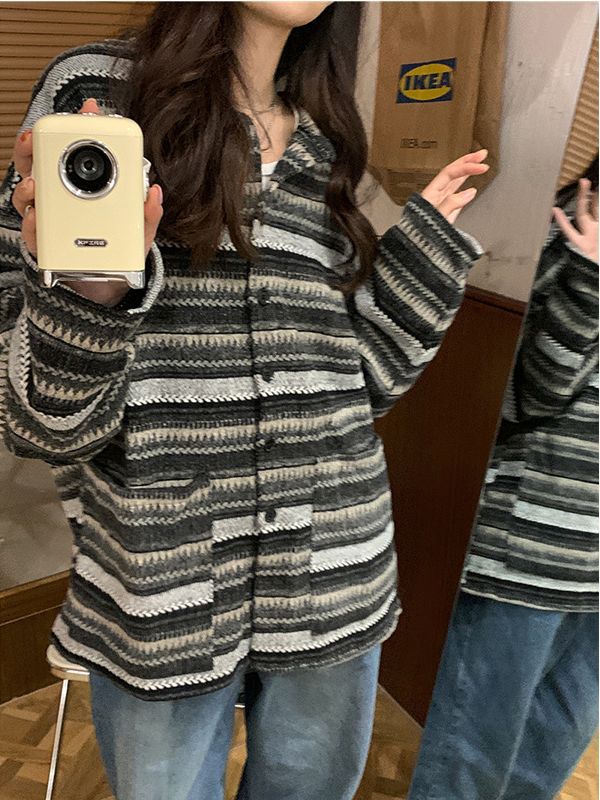 Title 6, Retro Crew Neck Striped Vintage Cardigan Coat