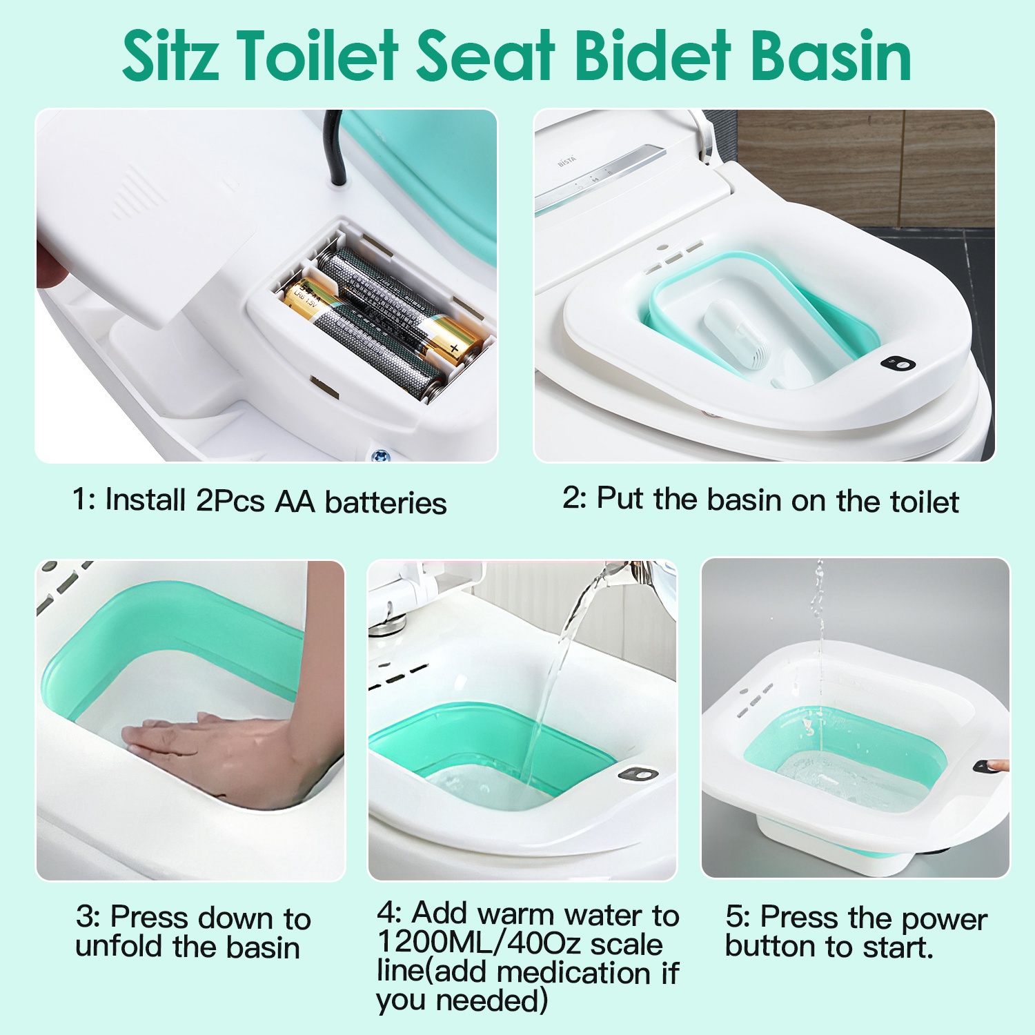 1Pc Foldable Postpartum Care Basin Sitz Toilet Seat Bidet Basin Battery Powered Toilet Bidet For Pregnant Postpartum Hemorrhoid Elderly Care 1400ML 47Oz