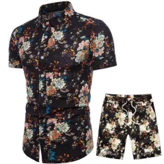Foreign Trade New Style Men's Casual Suit Ethnic Style Large Size Short-sleeved Flower Shirt Pointed Collar Casual Shorts Suit - C-2Xl - View 1