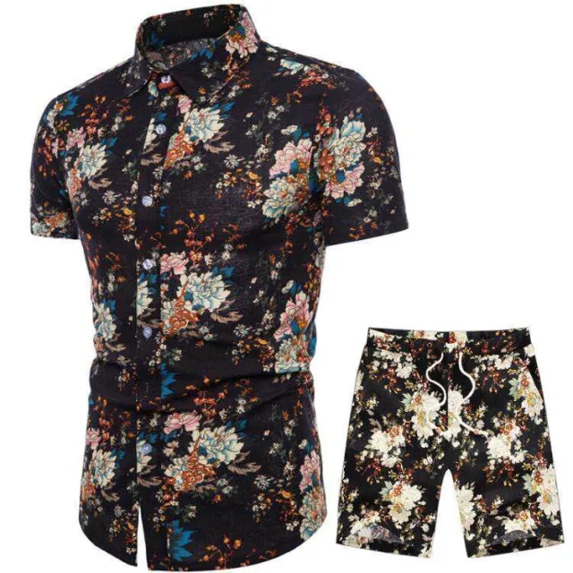 Foreign Trade New Style Men's Casual Suit Ethnic Style Large Size Short sleeved Flower Shirt Pointed Collar Casual Shorts Suit C 2Xl - Shop at LoveMi