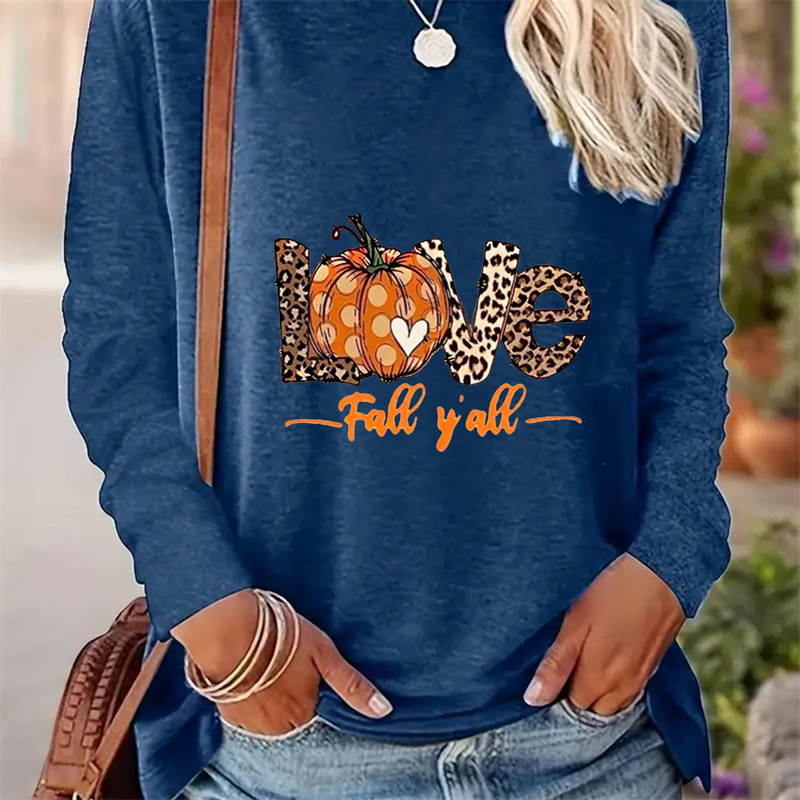 Spring And Autumn Women Casual Simple Pattern Printed Round Neck Long Sleeve T-shirt