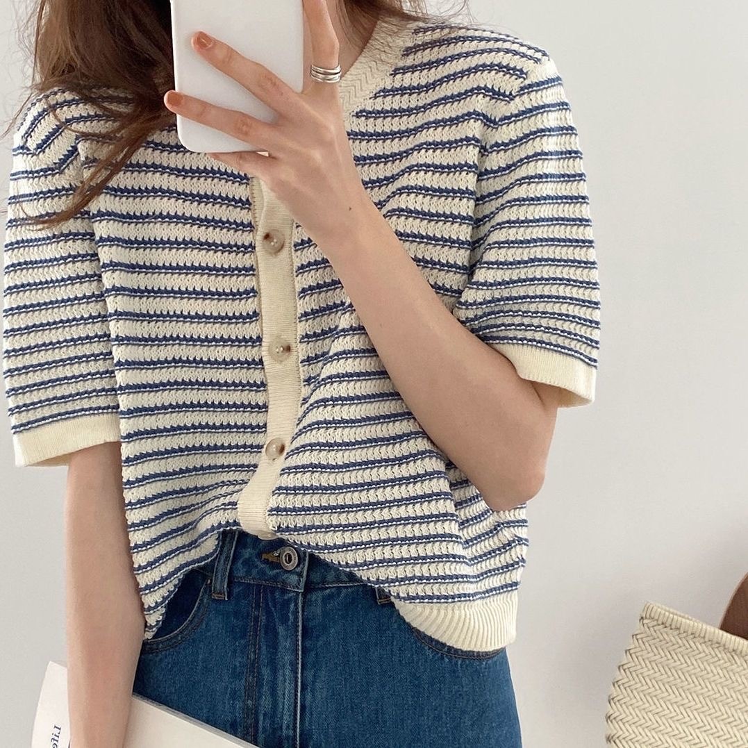 Women's Short sleeved Striped Knitted Cardigan T shirt Design Sense Blue - Shop at LoveMi