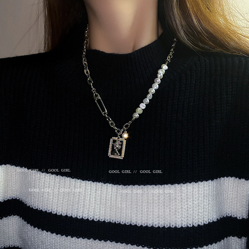 Pearl Stitching Square Brand Necklace