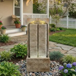39 Inch Outdoor Water Fountain With Pump, Modern Cascading Freestanding Wall Fountain, Weather-Resistant Garden Water Feature With Warm White LED Lights, Outdoor Waterfall Fountain
