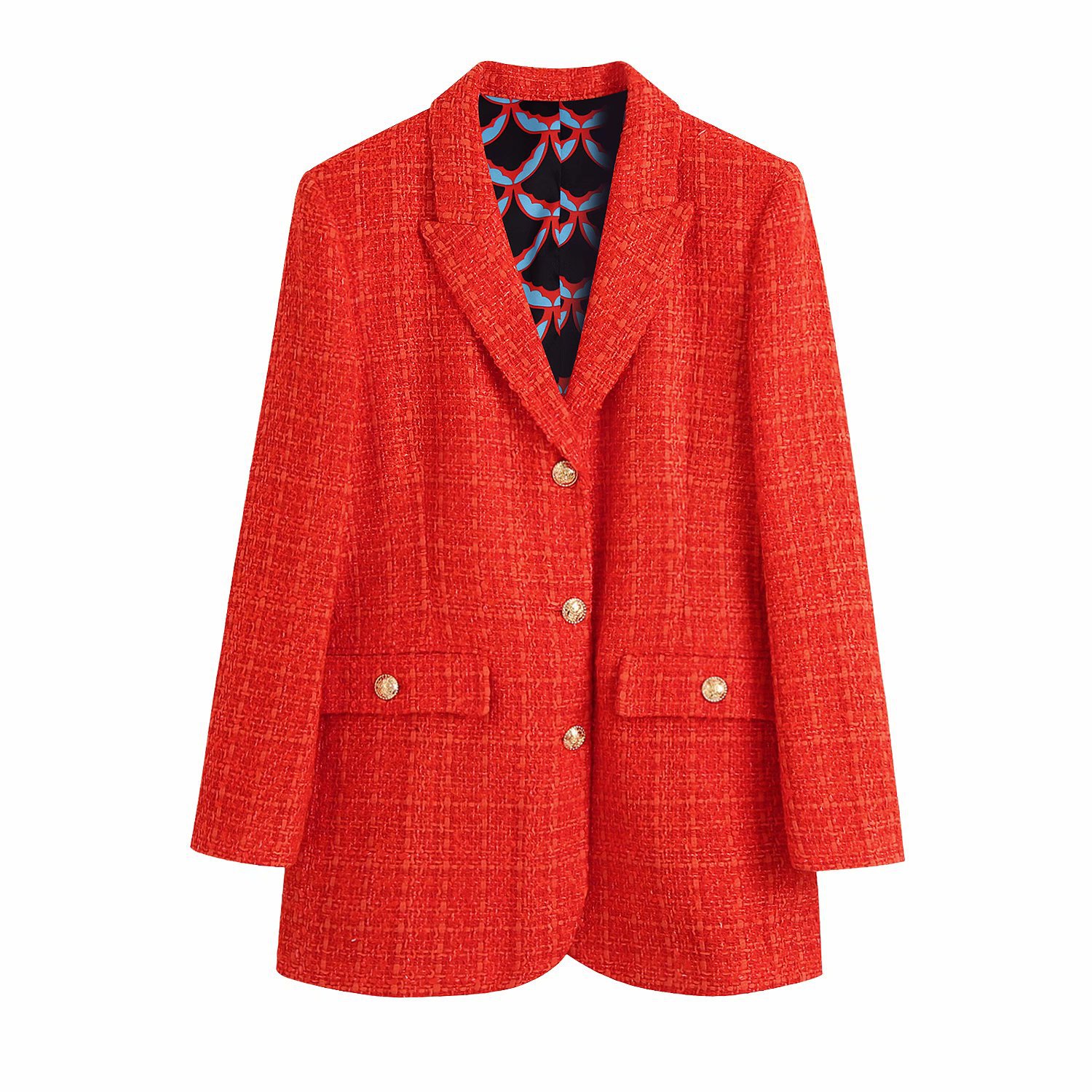 Textured Single-breasted Blazer With Printed Lining Mini Skirt