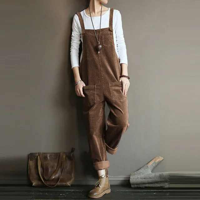 Women's Corduroy Solid Color Casual Bib Pants Coffee - Shop at LoveMi