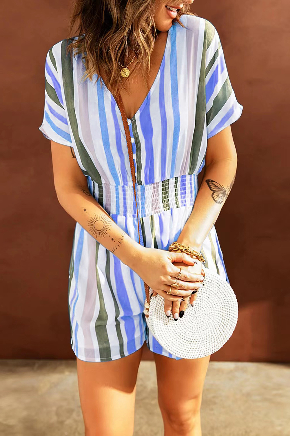 Ladies Elastic Waist Stripe Print V Neck Button Bodysuit Blue - Shop at LoveMi