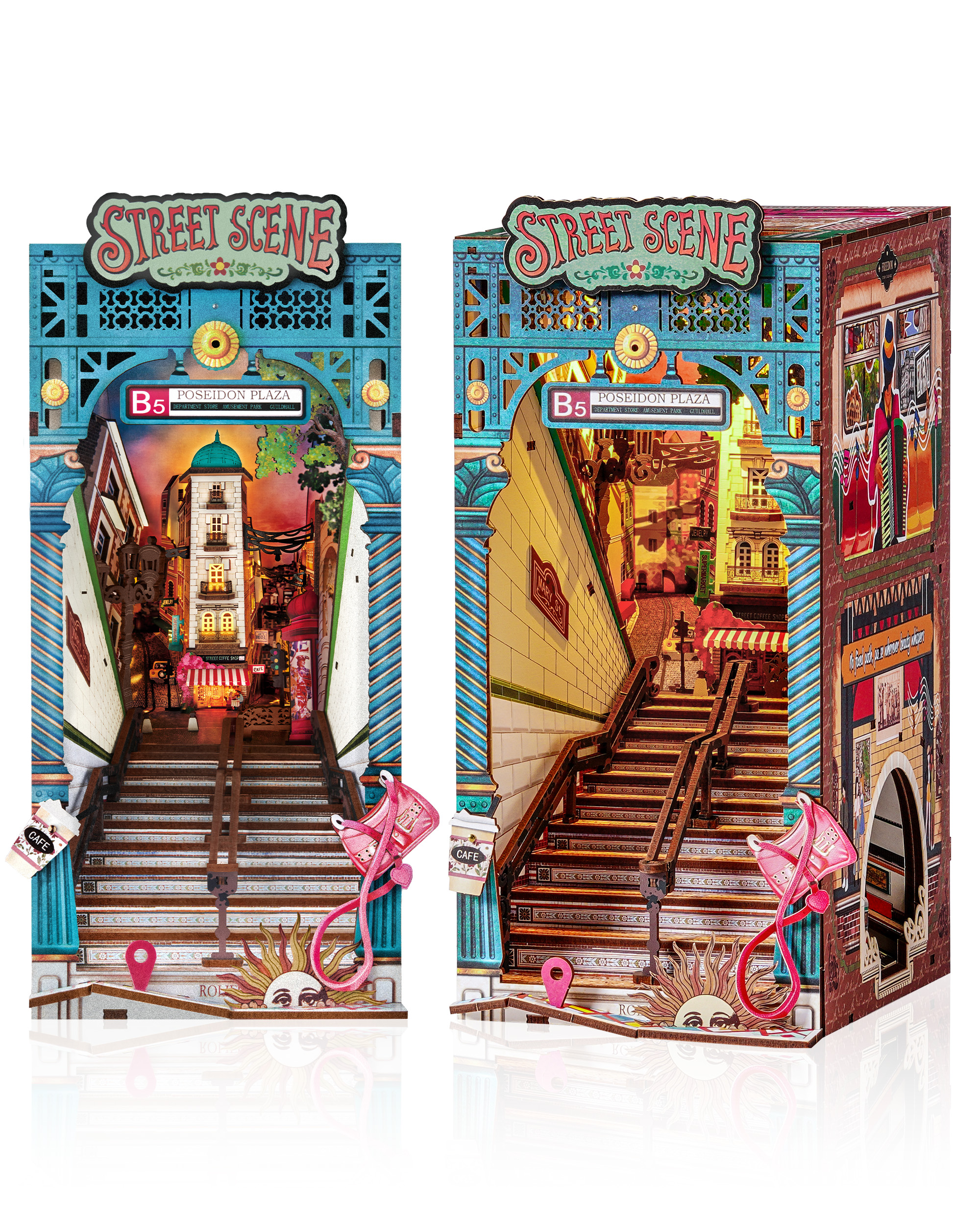 Rolife Urban Street Scene Bookend Set - 3D Subway Scene, 3D Puzzle Set With LED Lights, 196 Wooden Puzzle Pieces, Bookshelf Decoration With Dust Cover, Modern Urban 3D Model Gift