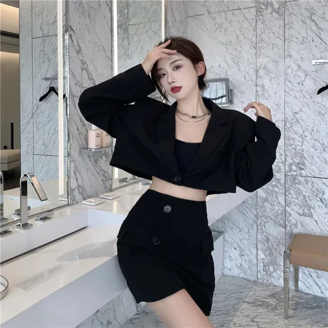 Long Sleeve Jacket Short Temperament Small Suit Fried Street Top Onepiece Black Suit - Shop at LoveMi