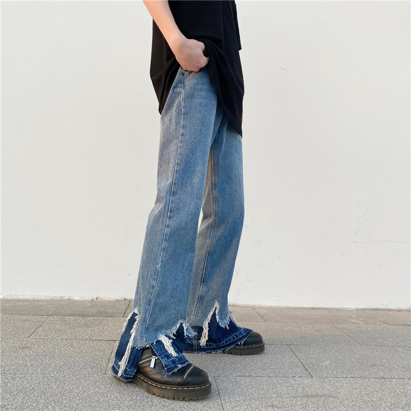 Side Slit Raw Edge Denim Bell-bottom Pants