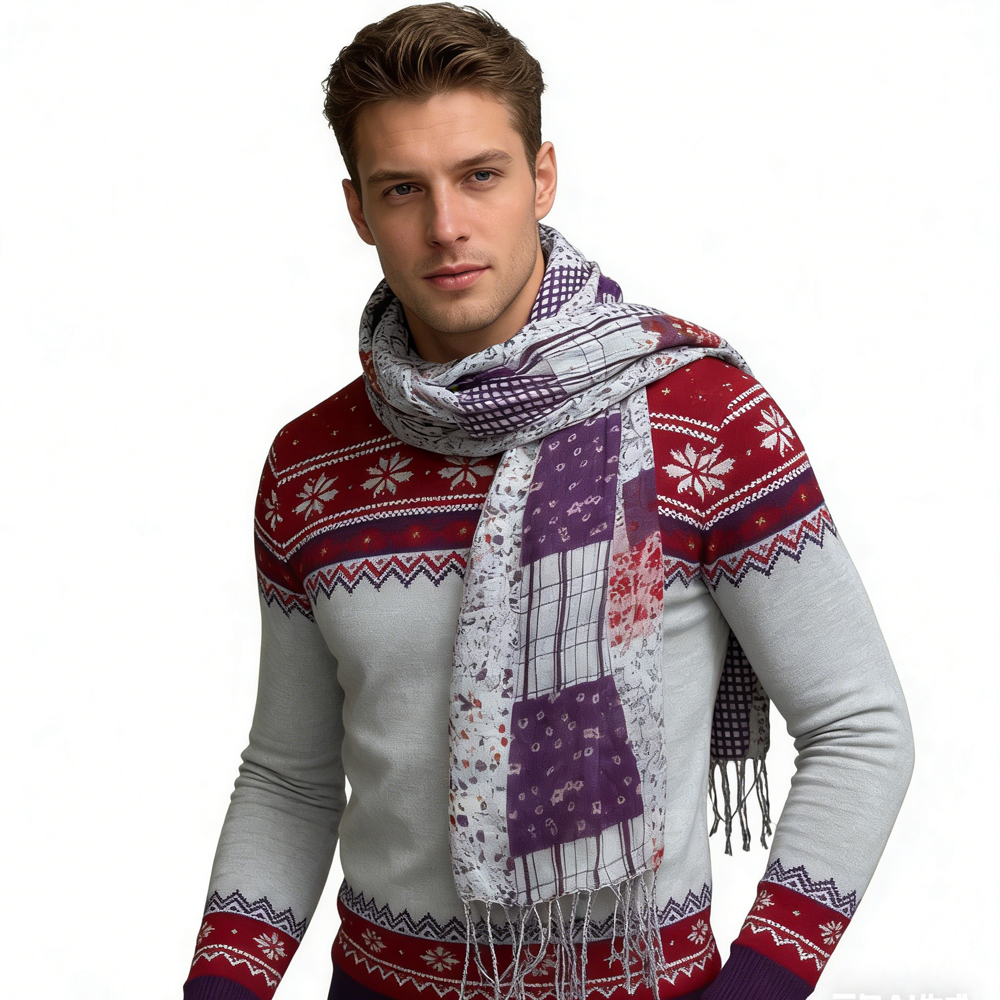 2pcs Feather Light Purple Lavender Floral Pattern Printed Long Scarf ,Versatile Everyday Scarf ,Pairs With All Casual Outfits,Office Appropriate Subtlety For Women Men - Men's Clothing