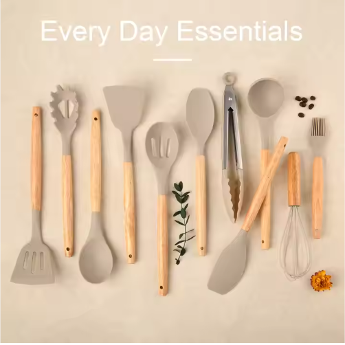Non-Stick Silicon 12 Pcs Heat Resistant Wooden Handle Kitchen Cooking Utensils Set, Khaki Color — foto 2