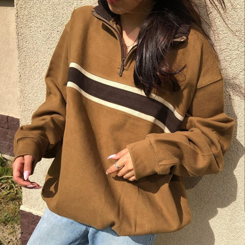 Women's American Retro Brown Patchwork Hoodless Stand Collar Pullover Sweatshirt