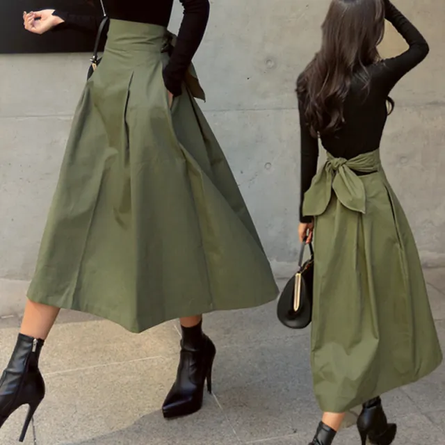 A line Umbrella Super Fire Bow Big Swing Slim Waist Long Skirt Army Green - Shop at LoveMi