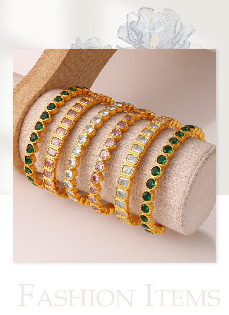 Light Luxury Vintage Style Open Bracelet With Multi-color Zircon, Stainless Steel, Stackable And Versatile C-shaped Bracelet. — view 3