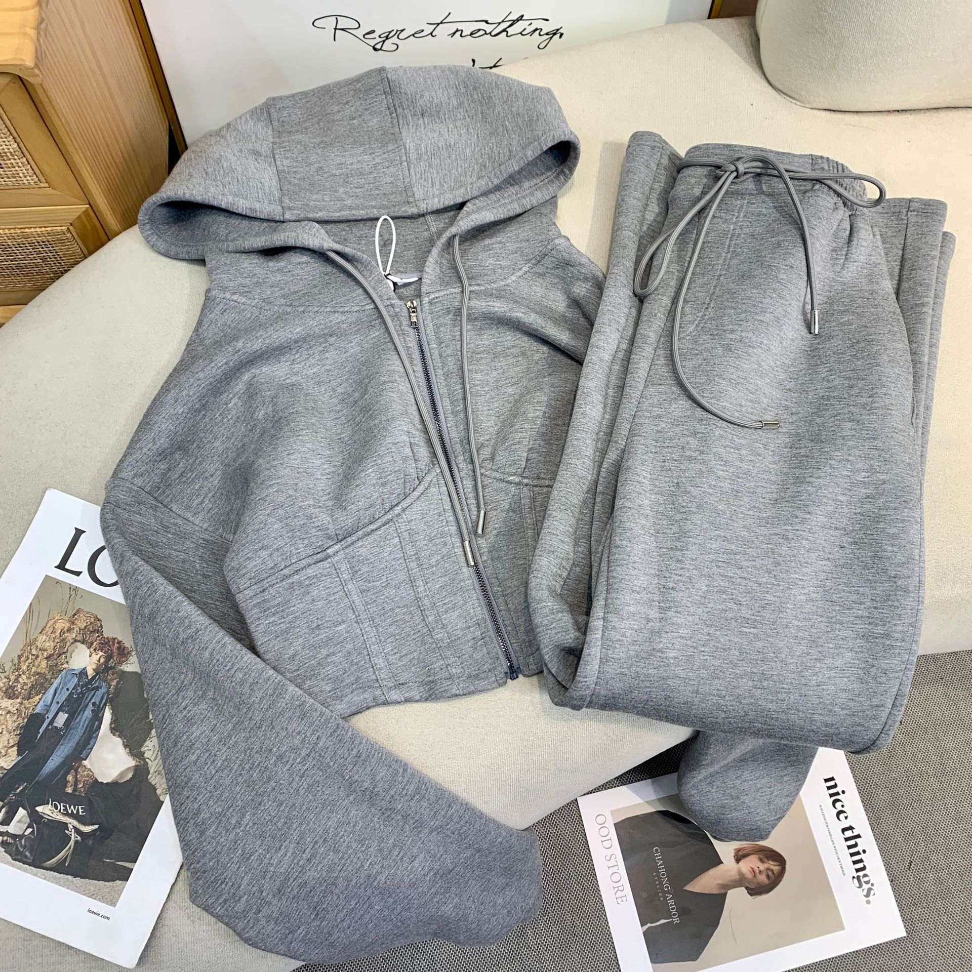 Grey Cotton Sweater Sweater Pants Casual Sportswear Set