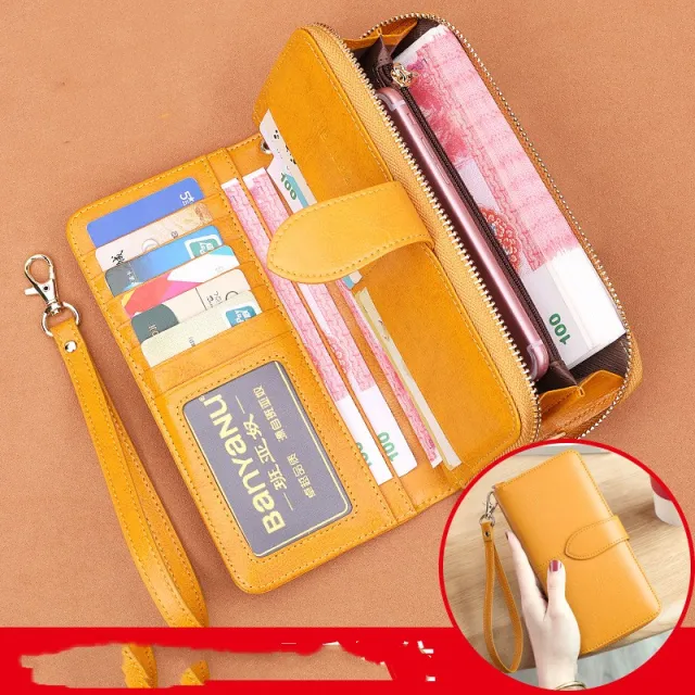 New Vintage Oil Wax Cowhide Long Women's Wallet Yellow - Shop at LoveMi