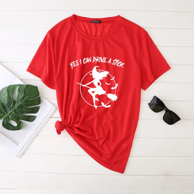 Flying Witch Print Crew Neck Short Sleeve T Shirt Big Red - Shop at LoveMi