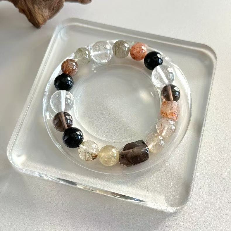 Natural Black Gold Super Seven  Smoky Quartz Bracelet Silver Obsidian Two Tone Beaded Chain Unisex Energy Jewelry