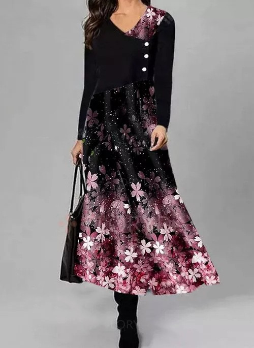 European And American Women's V-neck Print Pullover Dress