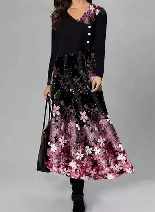European And American Women's V-neck Print Pullover Dress