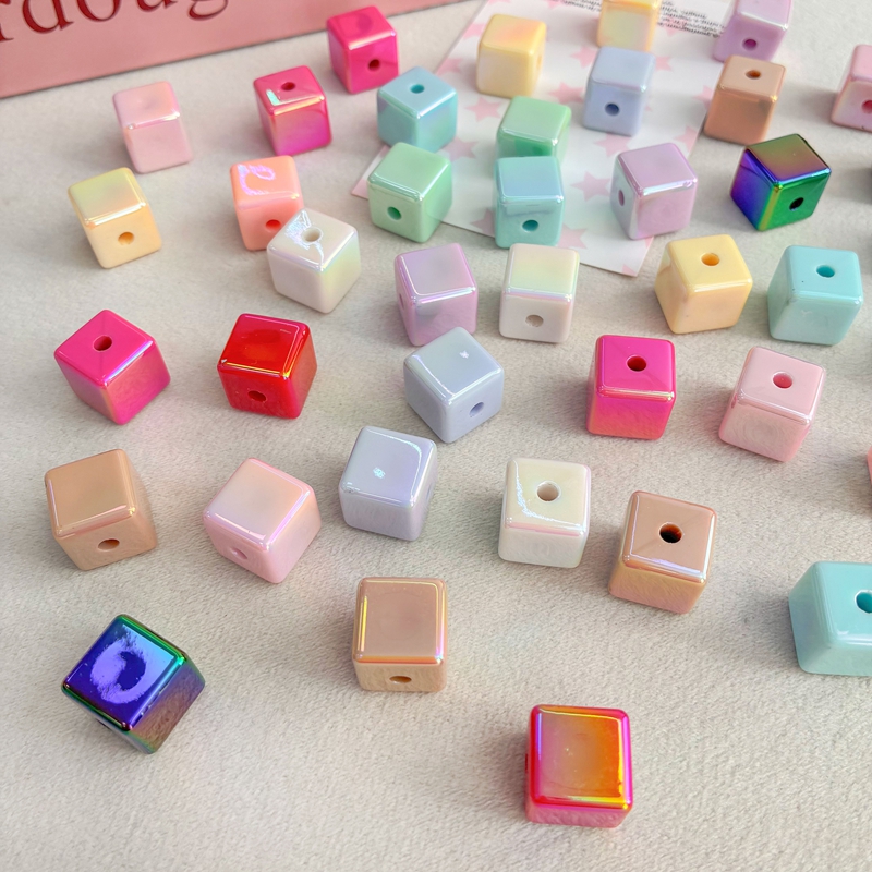 UV Plated Acrylic Cube Beads, Iridescent Square Charms With Vertical Hole For DIY Jewelry Making, Bracelets, Necklaces & Keychains, Mixed Pastel & Metallic Colo