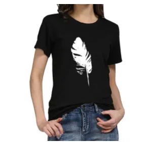 Feather Personality Print Casual Pullover Short Sleeve - Black
