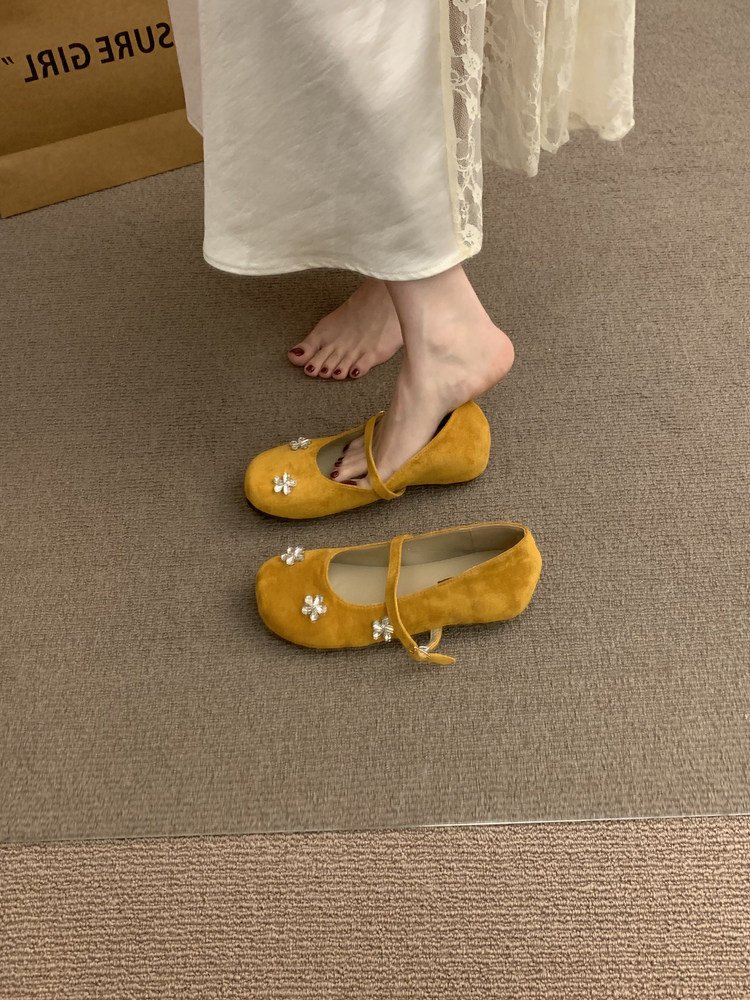 2026 New Women's Vintage Mary Jane Flats French Elegance, Floral & Rhinestone Accents, Suede Round Toe, Slight Height Boost