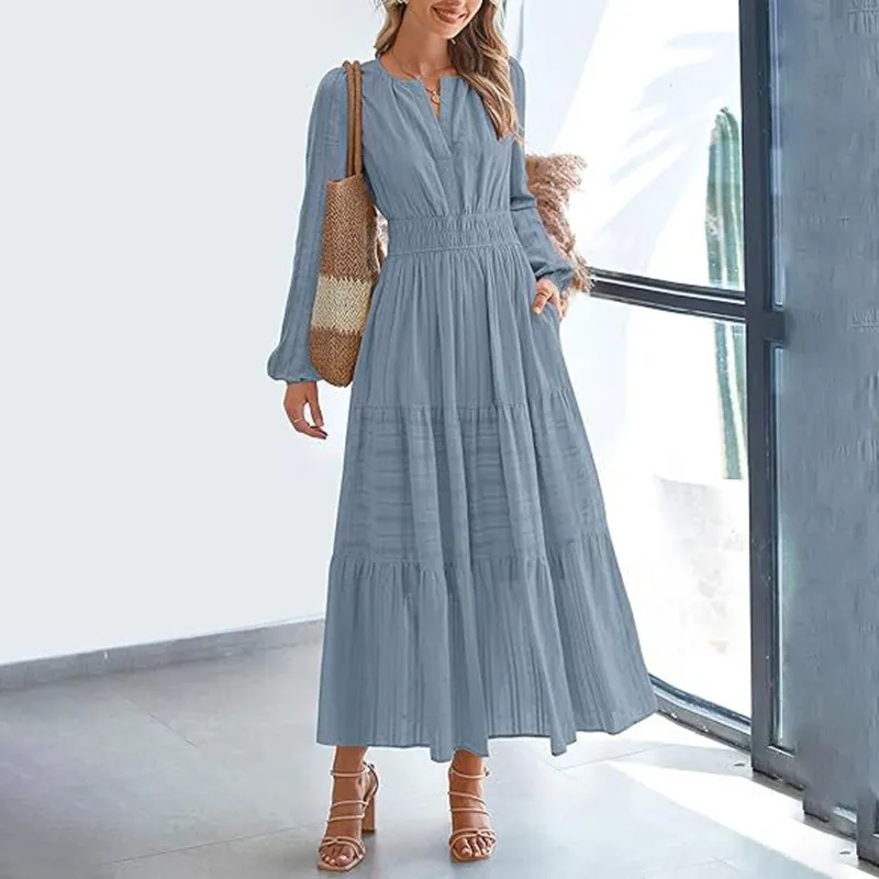 Women's Solid Colour V-Neck Smocked Waist Maxi Dress, Bohemian A-Line Long Sleeve For Vacation And Daily Wear - Blue