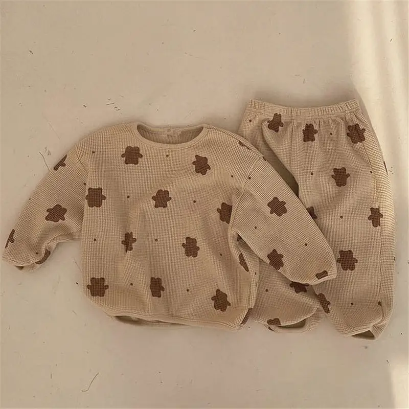 Boys And Girls Baby Bear Print Suit Round Neck Long Sleeve