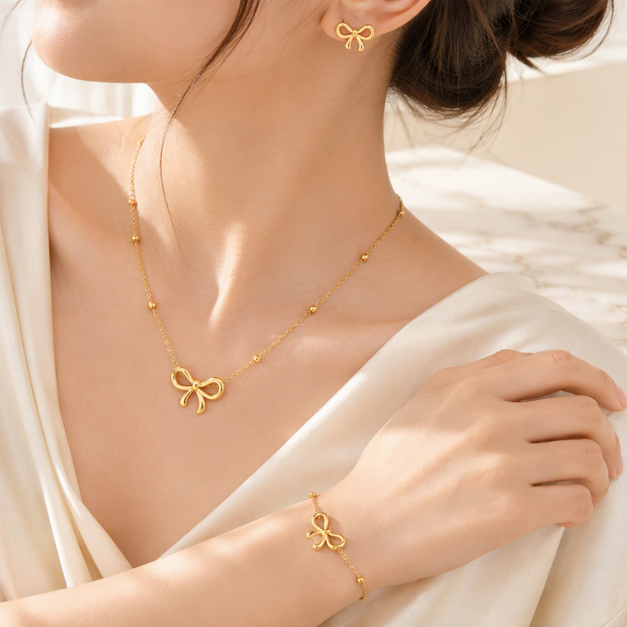 Gold Plated Stainless Steel Bow Jewelry Set For Women, Dainty Bow Pendant Necklace Bracelet Stud Earrings Set, Minimalist Stackable Jewelry Gift 2
